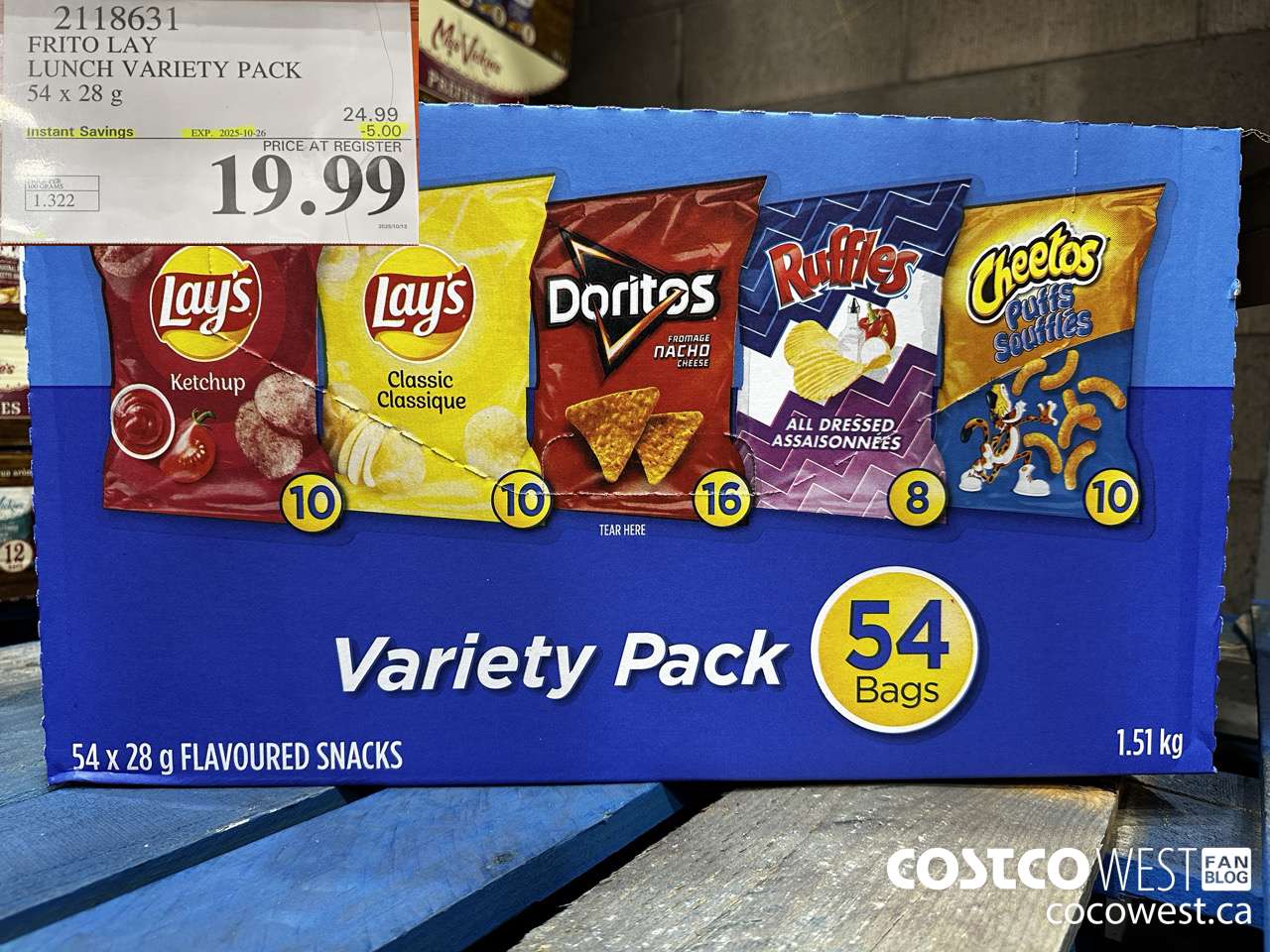 2118631 FRITO LAY LUNCH VARIETY PACK 54 X 28 G ($5.00 INSTANT SAVINGS EXPIRES ON 2025-10-26) $19.99