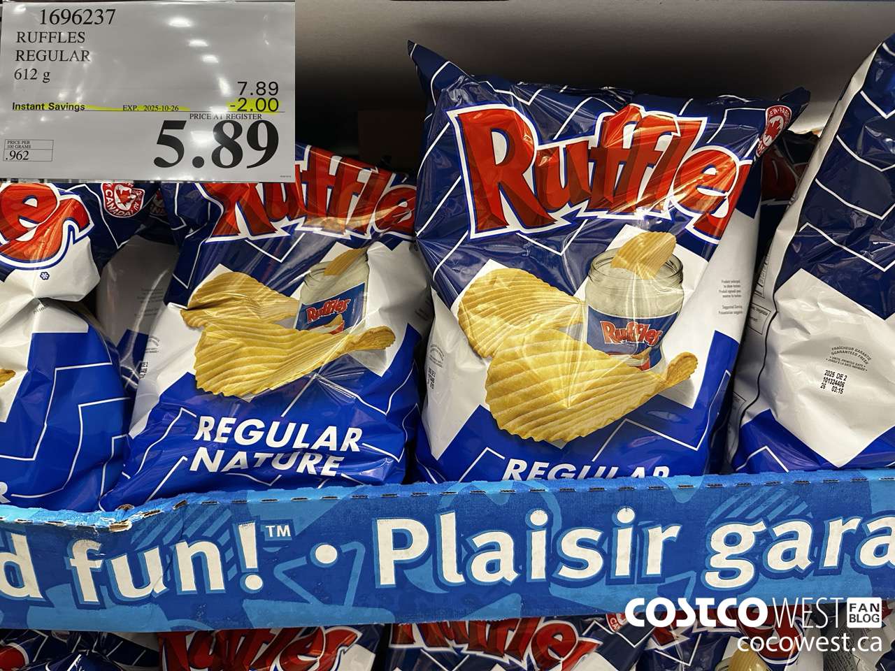 1696237 FRITO LAY RUFFLES REGULAR 612 G ($2.00 INSTANT SAVINGS EXPIRES ON 2025-10-26) $5.89