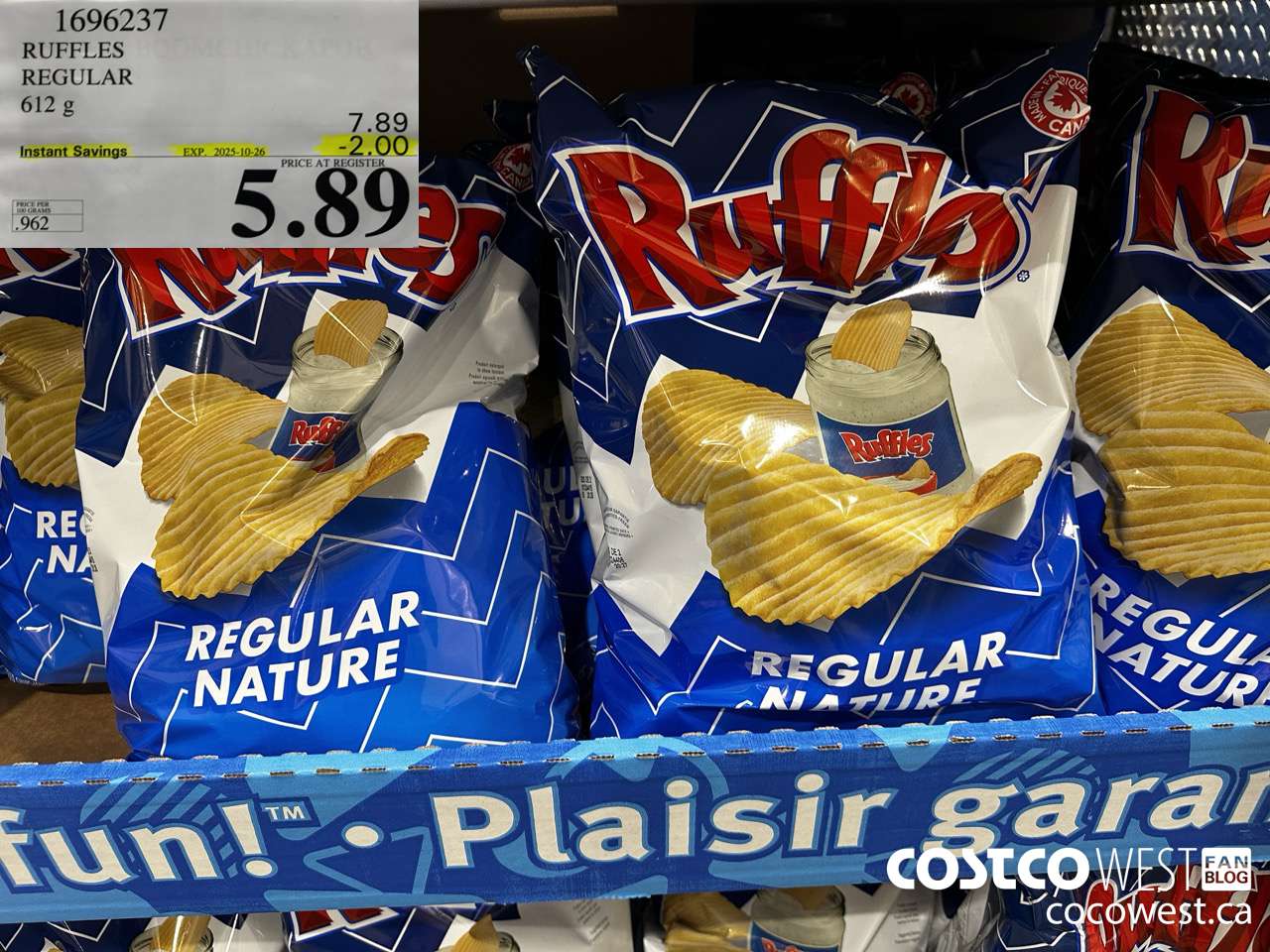 1696237 FRITO LAY RUFFLES REGULAR 612 G ($2.00 INSTANT SAVINGS EXPIRES ON 2025-10-26) $5.89