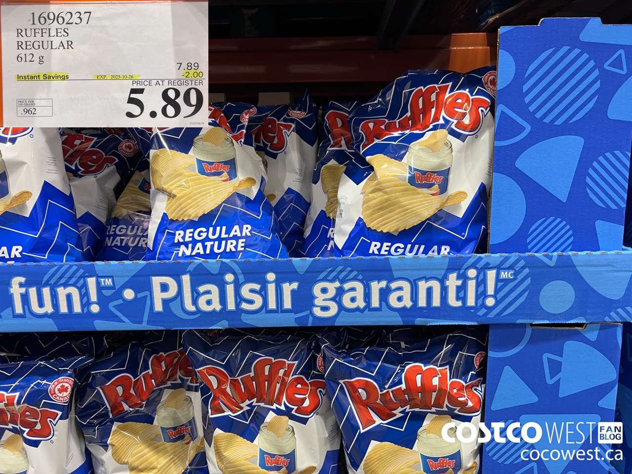 1696237 FRITO LAY RUFFLES REGULAR 612 G ($2.00 INSTANT SAVINGS EXPIRES ON 2025-10-26) $5.89