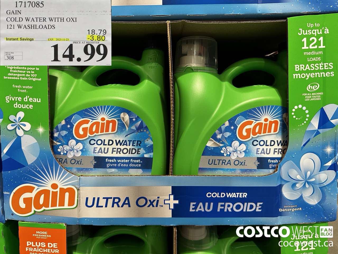1717085 GAIN COLD WATER OXI LIQUID DETERGENT 121 WASHLOADS ($3.80 INSTANT SAVINGS EXPIRES ON 2025-11-23) $14.99