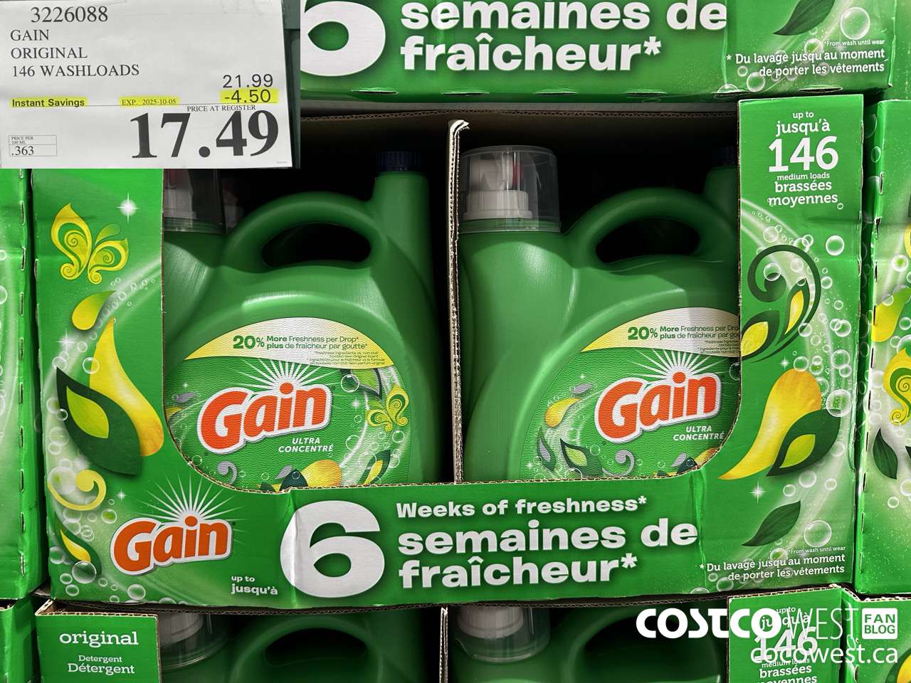 3226088 GAIN HE ULTRA LIQUID DETERGENT 4.82 L 146 WASHLOADS ($4.50 INSTANT SAVINGS EXPIRES ON 2025-10-05) $17.49