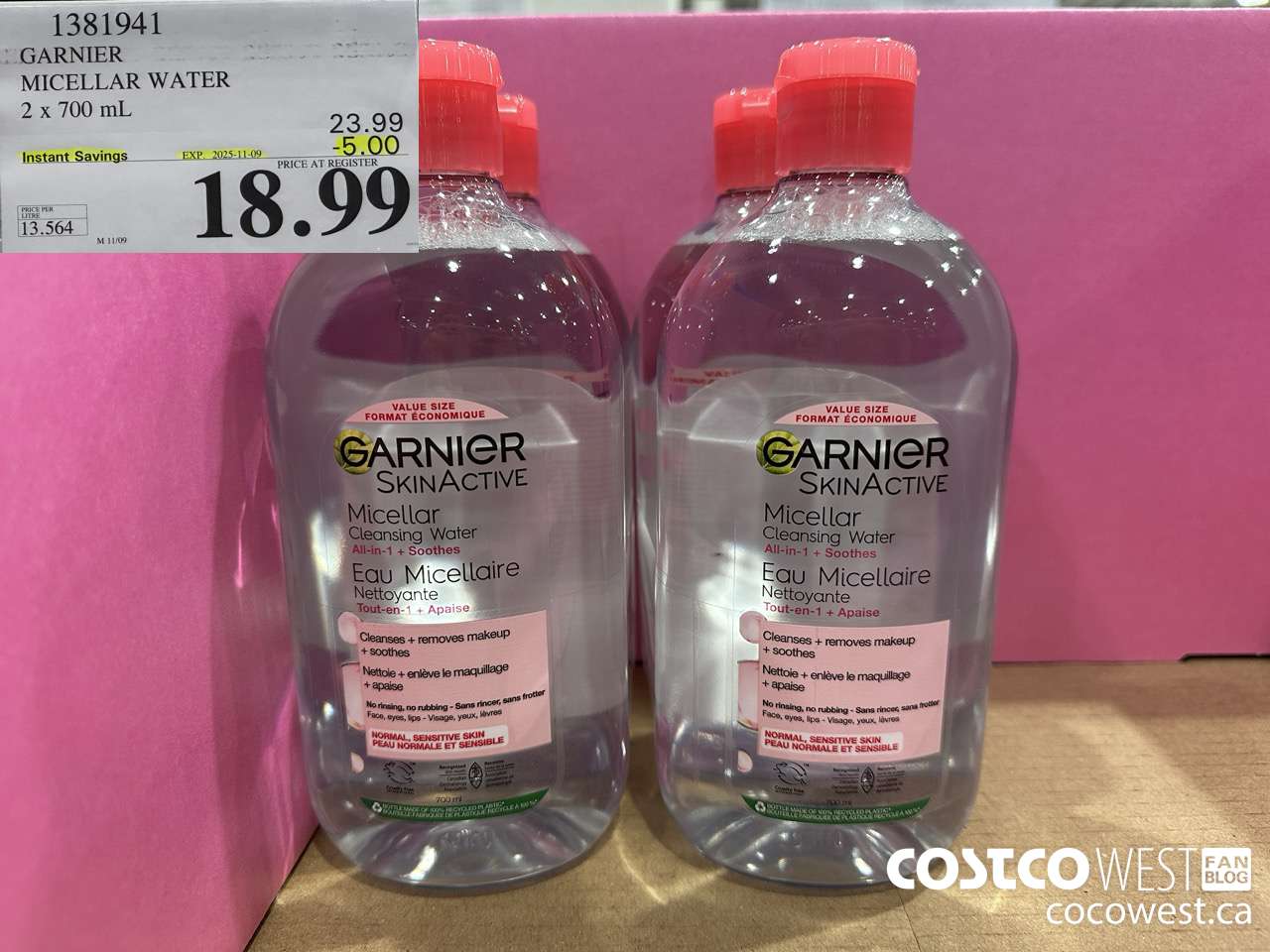 1381941 GARNIER MICELLAR WATER 2 x 700 mL  ($5.00 INSTANT SAVINGS EXPIRES ON 2025-11-09) $18.99