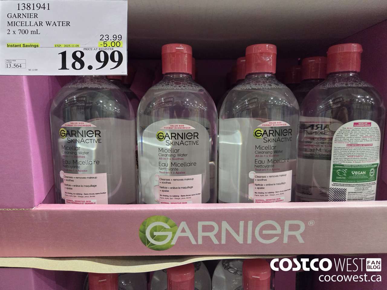 1381941 GARNIER MICELLAR WATER 2 x 700 mL  ($5.00 INSTANT SAVINGS EXPIRES ON 2025-11-09) $18.99