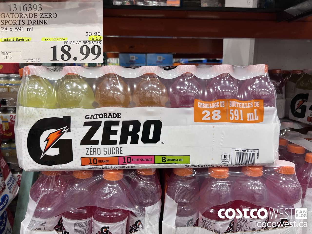 1316393 GATORADE ZERO SPORTS DRINK 28 x 591 ml ($5.00 INSTANT SAVINGS EXPIRES ON 2025-10-26) $18.99