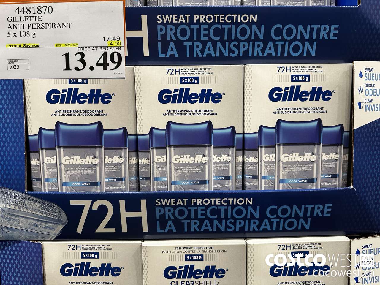 4481870 GILLETTE ANTI-PERSPIRANT 5 x 108 g ($4.00 INSTANT SAVINGS EXPIRES ON 2025-10-05) $13.49