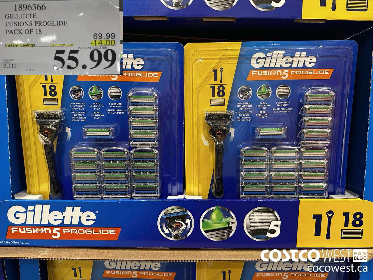 1896366 GILLETTE FUSION5 PROGLIDE PACK OF 18 ($14.00 INSTANT SAVINGS EXPIRES ON 2025-10-26) $55.99