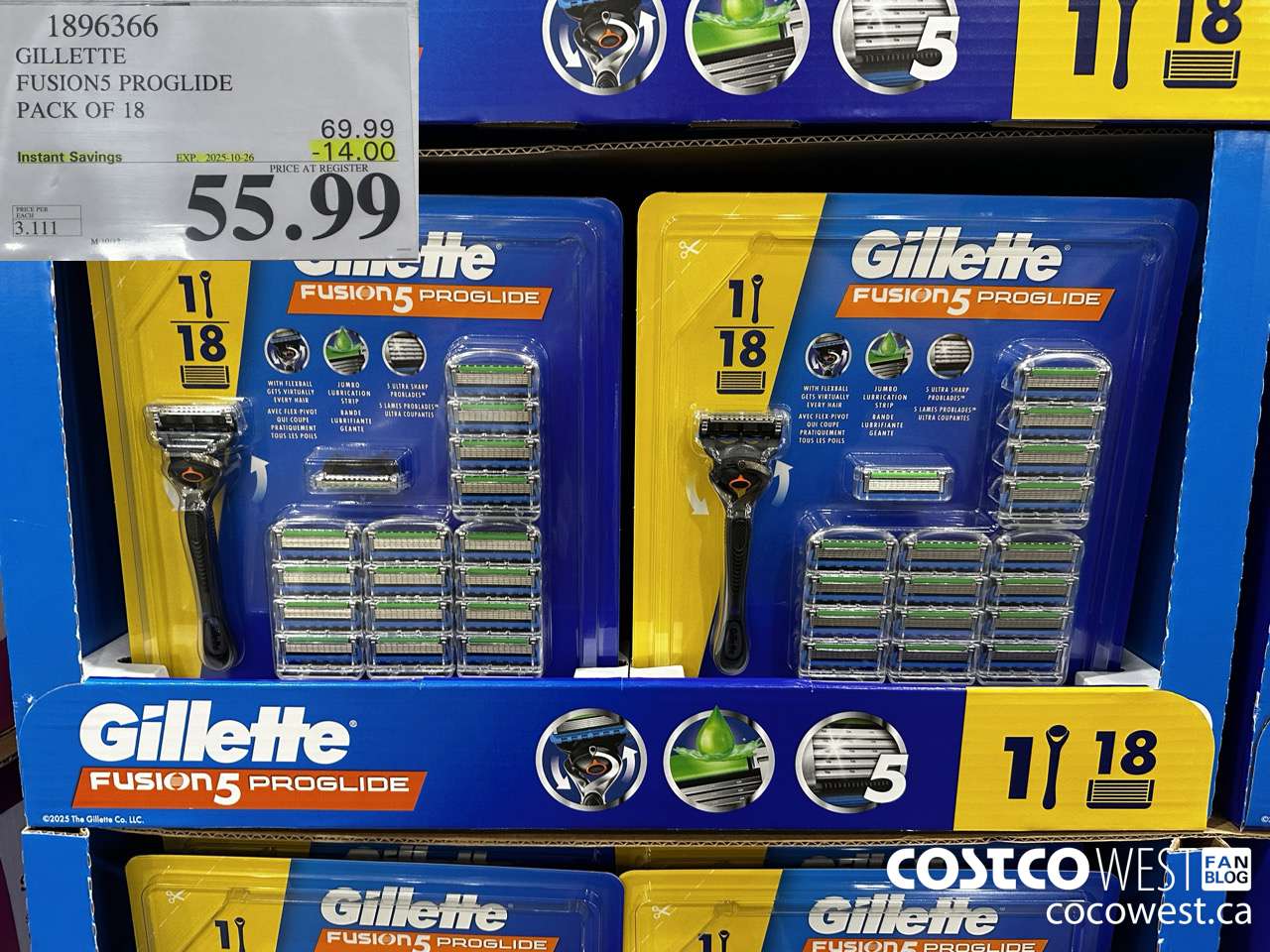 1896366 GILLETTE FUSION5 PROGLIDE PACK OF 18 ($14.00 INSTANT SAVINGS EXPIRES ON 2025-10-26) $55.99