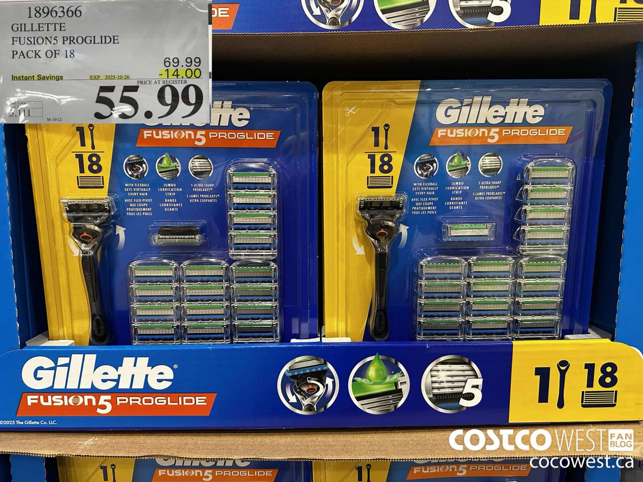 1896366 GILLETTE FUSION5 PROGLIDE PACK OF 18 ($14.00 INSTANT SAVINGS EXPIRES ON 2025-10-26) $55.99