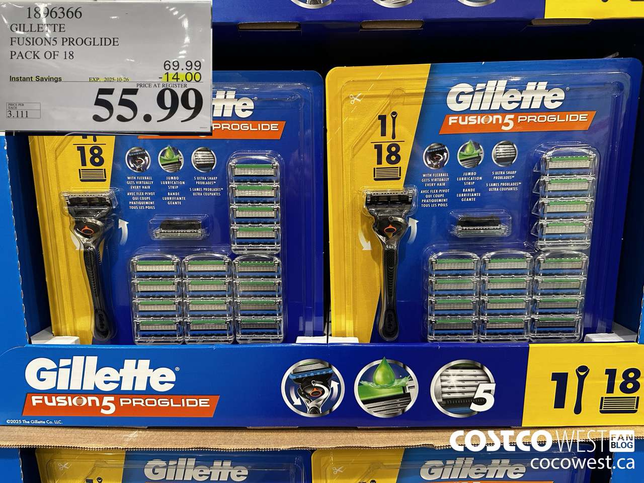 1896366 GILLETTE FUSION5 PROGLIDE PACK OF 18 ($14.00 INSTANT SAVINGS EXPIRES ON 2025-10-26) $55.99