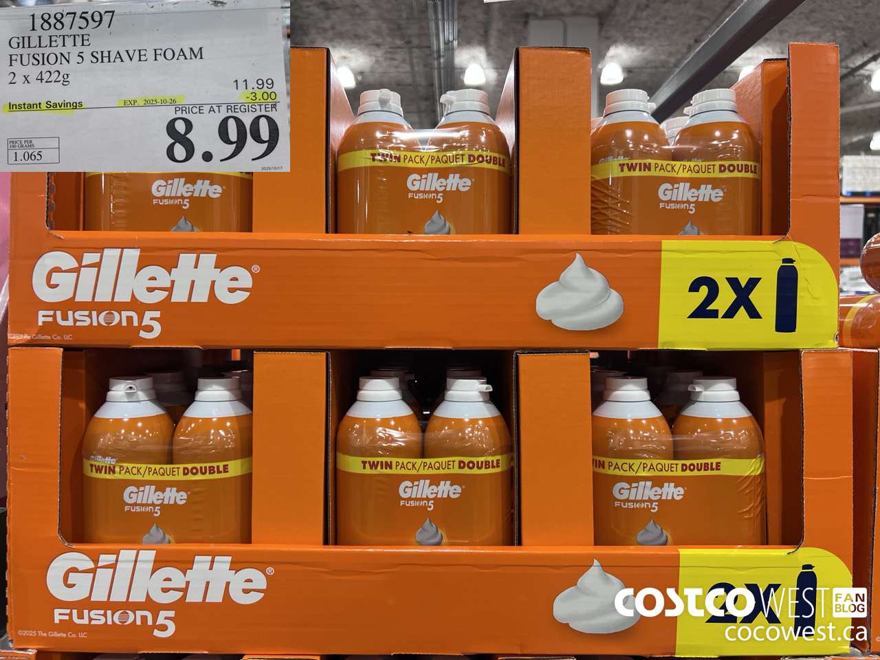 1887597 GILLETTE FUSION 5 SHAVE FOAM 2 X 422G ($3.00 INSTANT SAVINGS EXPIRES ON 2025-10-26) $8.99