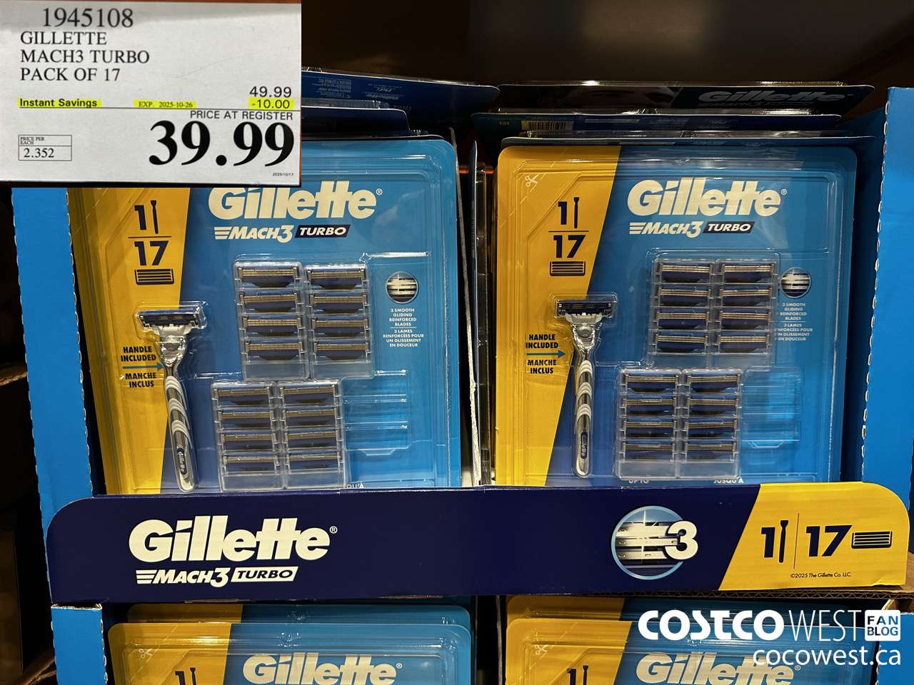 1945108 GILLETTE MACH3 TURBO PACK OF 17 ($10.00 INSTANT SAVINGS EXPIRES ON 2025-10-26) $39.99