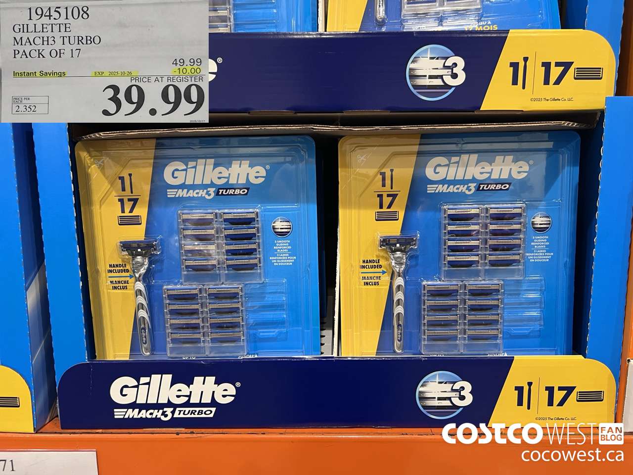 1945108 GILLETTE MACH3 TURBO PACK OF 17 ($10.00 INSTANT SAVINGS EXPIRES ON 2025-10-26) $39.99