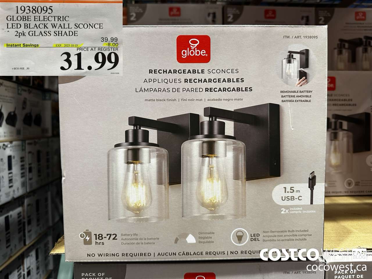 1938095 GLOBE ELECTRIC LED BLACK WALL SCONCE 2PK GLASS SHADE ($8.00 INSTANT SAVINGS EXPIRES ON 2025-10-15) $31.99