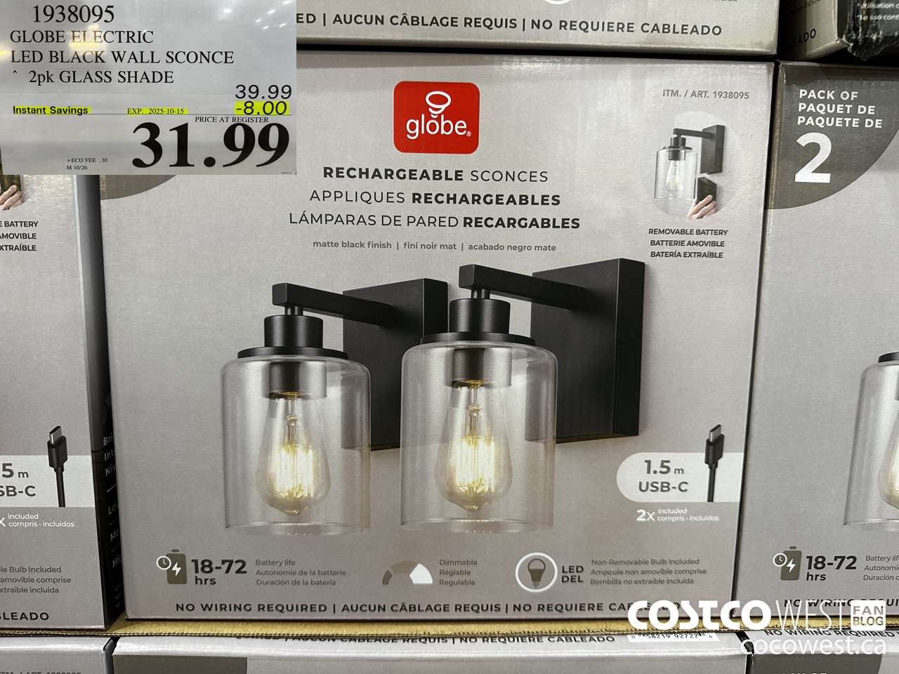 1938095 GLOBE ELECTRIC LED BLACK WALL SCONCE 2PK GLASS SHADE ($8.00 INSTANT SAVINGS EXPIRES ON 2025-10-15) $31.99