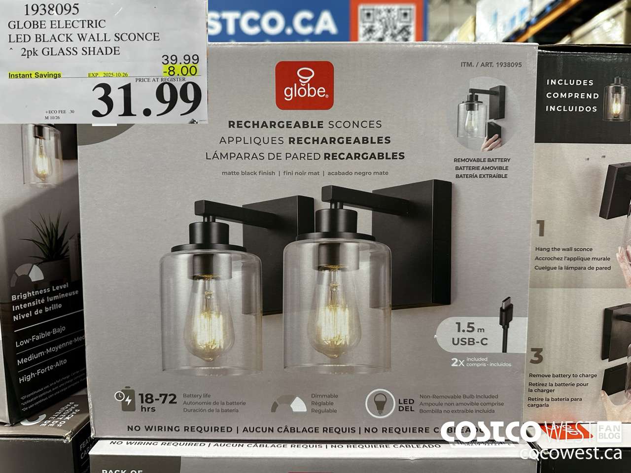 1938095 GLOBE ELECTRIC LED BLACK WALL SCONCE 2PK GLASS SHADE ($8.00 INSTANT SAVINGS EXPIRES ON 2025-10-26) $31.99