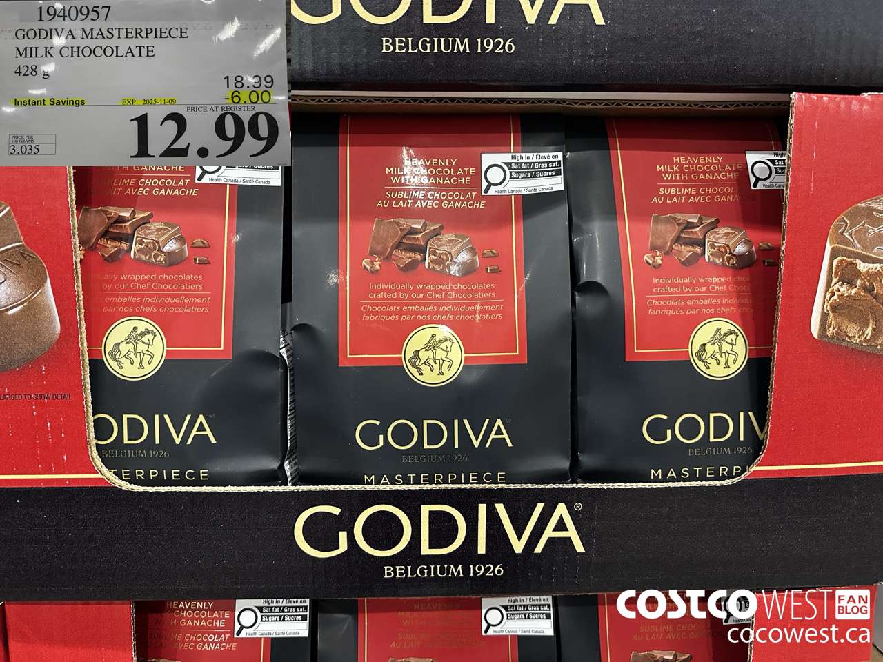 1940957 GODIVA MASTERPIECE MILK CHOCOLATE 428G ($6.00 INSTANT SAVINGS EXPIRES ON 2025-11-09) $12.99