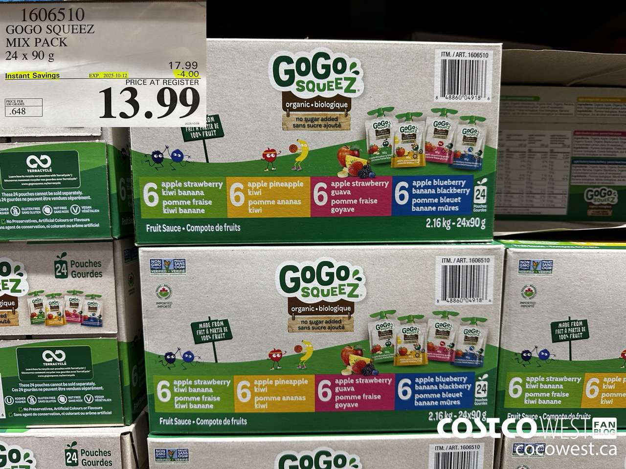 1606510 GOGO SQUEEZ ORGANIC MIX PACK 24 X 90 G ($4.00 INSTANT SAVINGS EXPIRES ON 2025-10-12) $13.99