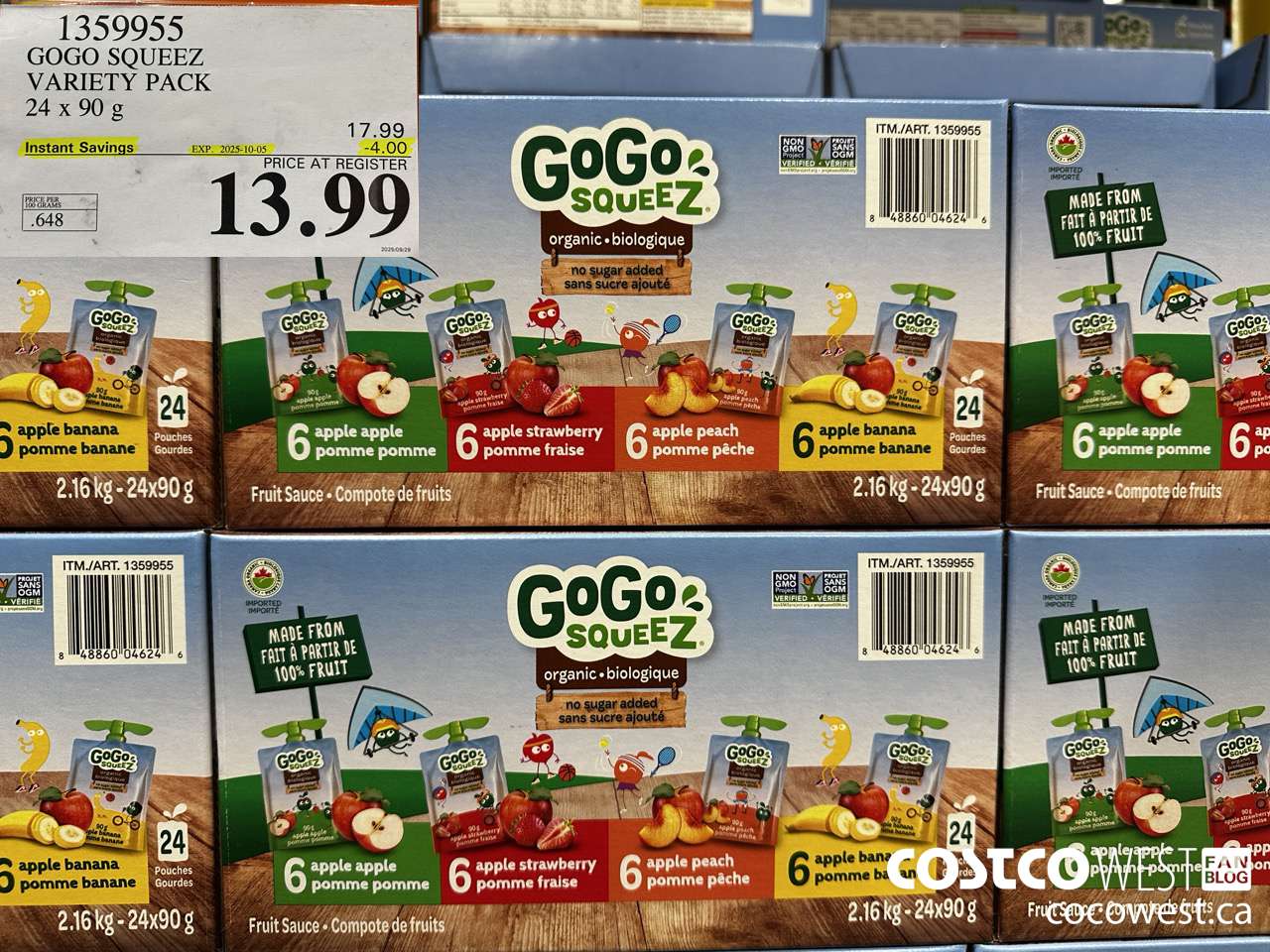 1359955 GOGO SQUEEZ ORGANIC VARIETY PACK 24 x 90g ($4.00 INSTANT SAVINGS EXPIRES ON 2025-10-05) $13.99