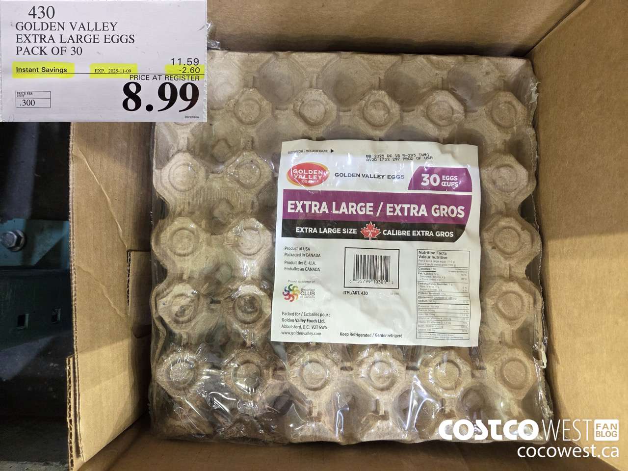 430 GOLDEN VALLEY EXTRA LARGE EGGS PACK OF 30 ($2.60 INSTANT SAVINGS EXPIRES ON 2025-11-09) $8.99