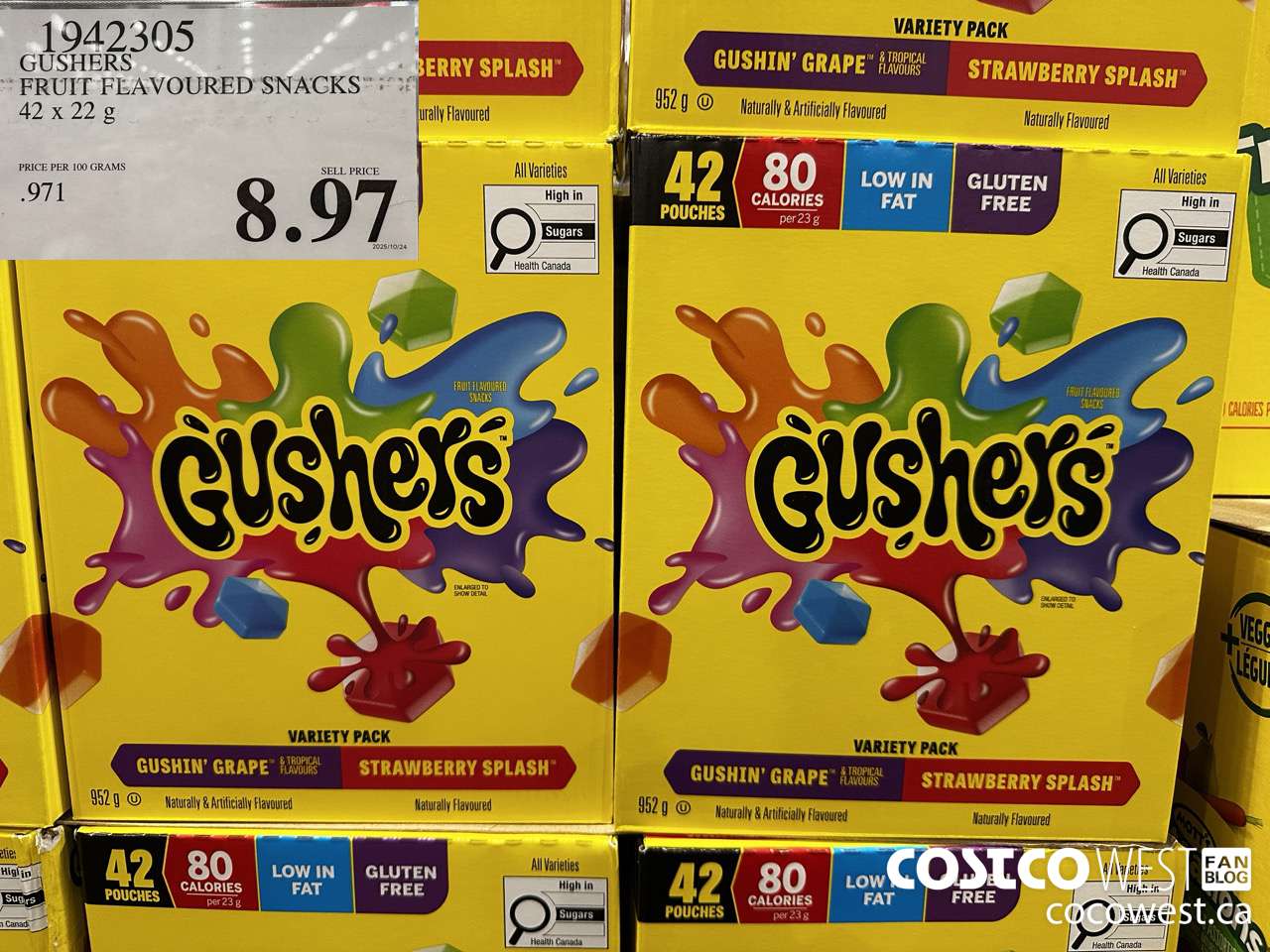 1942305 GUSHERS FRUIT FLAVOURED SNACKS 42 X 22G $8.97