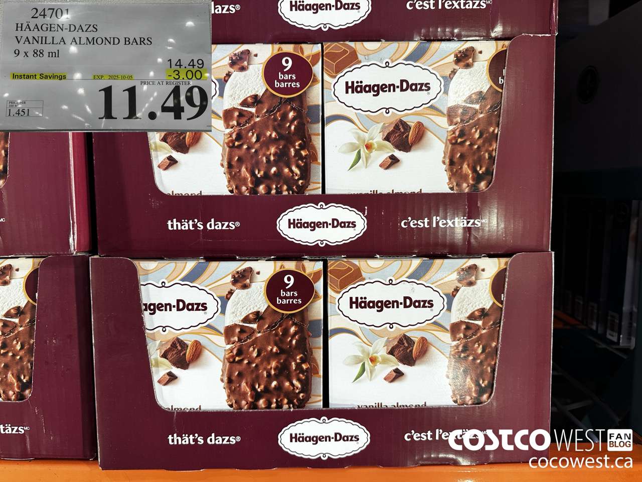 24701 HAAGEN-DAZS VANILLA ALMOND BARS 9 x 88 ml ($3.00 INSTANT SAVINGS EXPIRES ON 2025-10-05) $11.49