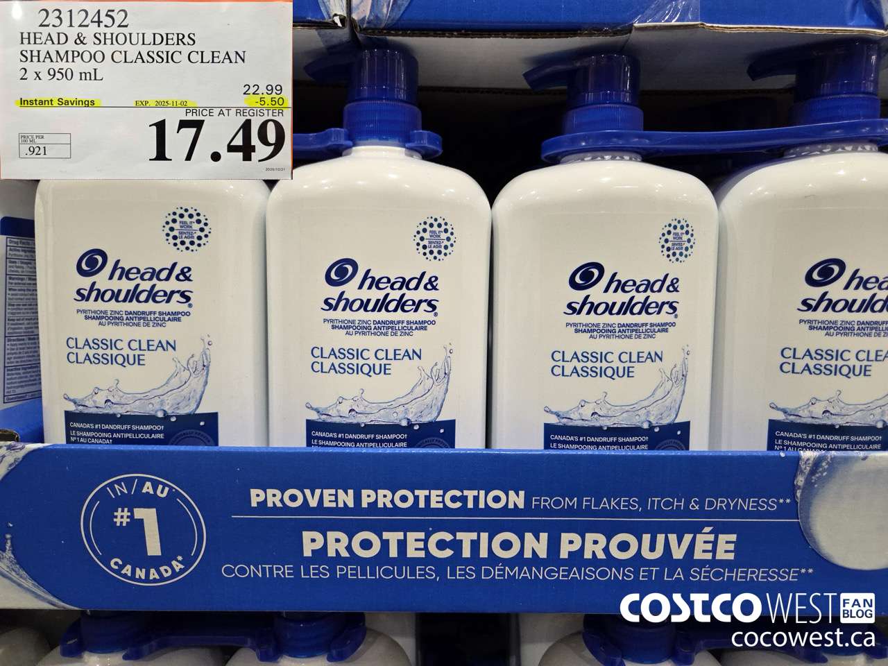 2312452 HEAD & SHOULDERS SHAMPOO CLASSIC CLEAN 2 X 950 ML ($5.50 INSTANT SAVINGS EXPIRES ON 2025-11-02) $17.49