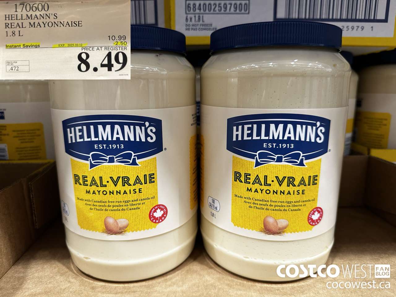 170600 HELLMANN'S REGULAR MAYONNAISE 1.8 L ($2.50 INSTANT SAVINGS EXPIRES ON 2025-10-12) $8.49