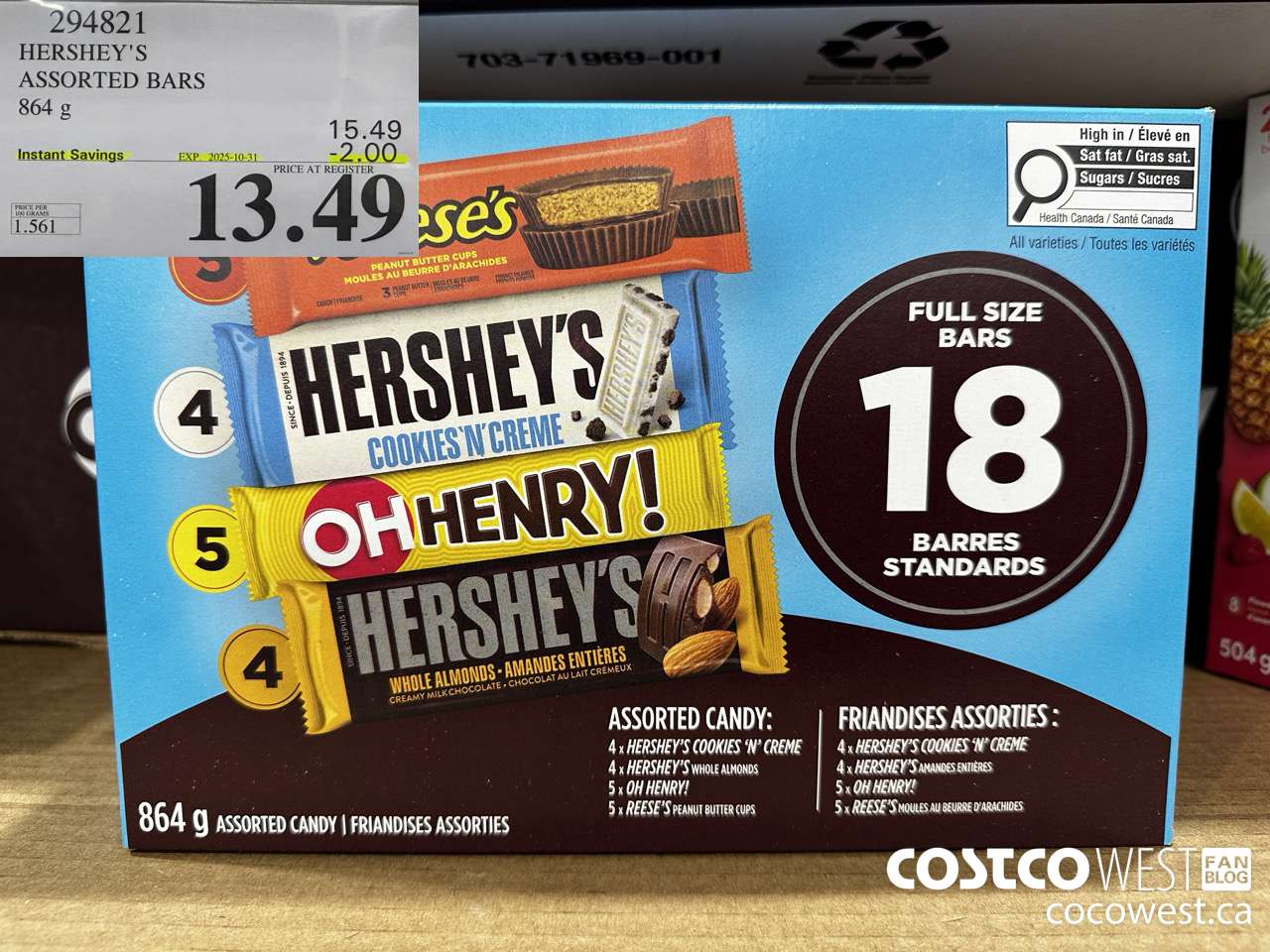 294821 HERSHEY'S ASSORTED BARS 864G ($2.00 INSTANT SAVINGS EXPIRES ON 2025-10-31) $13.49