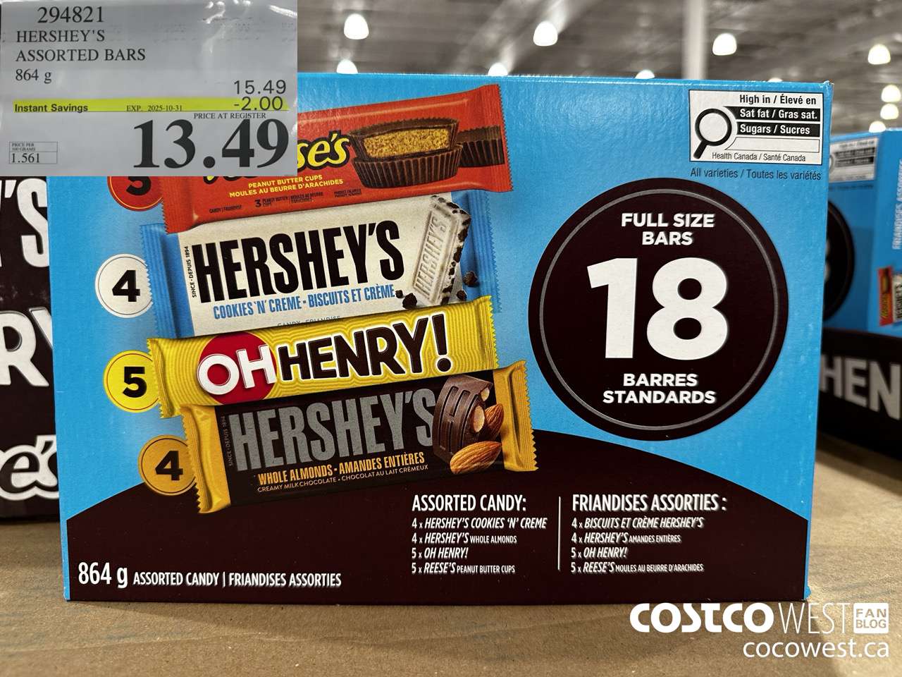 294821 HERSHEY'S ASSORTED BARS 864G ($2.00 INSTANT SAVINGS EXPIRES ON 2025-10-31) $13.49