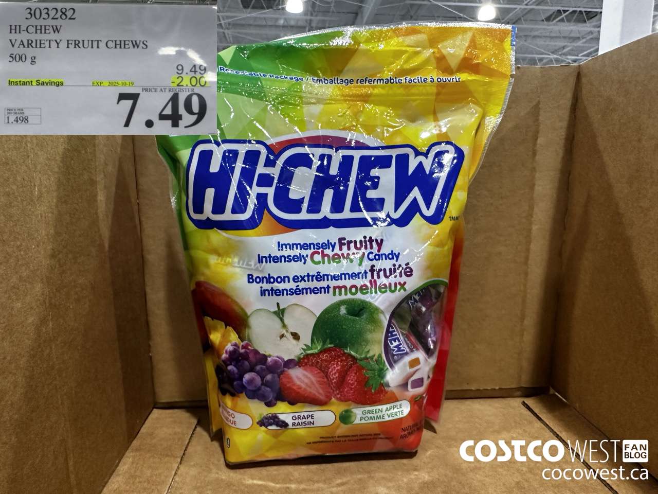 303282 HI-CHEW VARIETY FRUIT CHEWS 500 g ($2.00 INSTANT SAVINGS EXPIRES ON 2025-10-19) $7.49