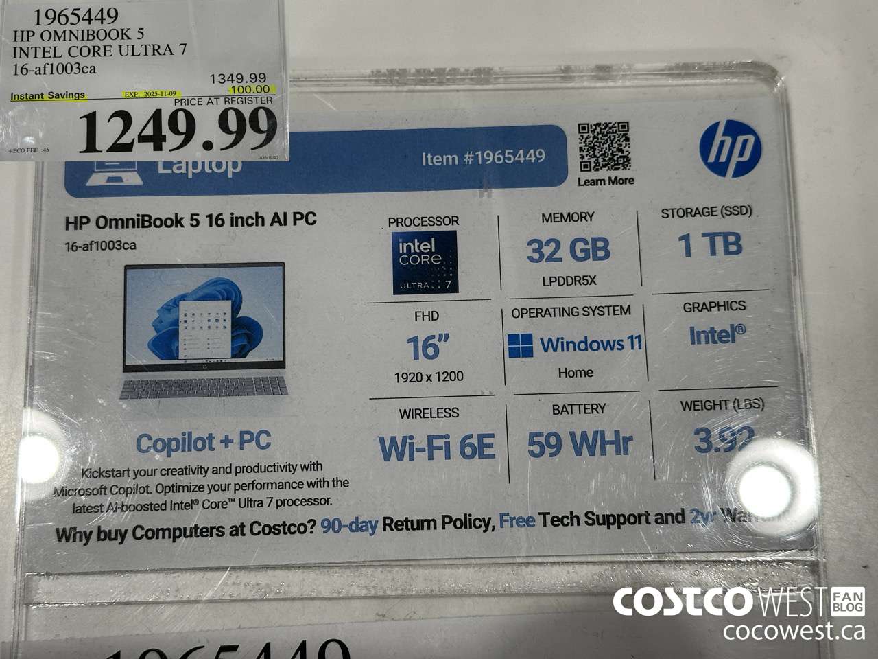 1965449 HP OMNIBOOK 5 INTEL CORE ULTRA 7 16-AF1003CA ($100.00 INSTANT SAVINGS EXPIRES ON 2025-11-09) $1249.99