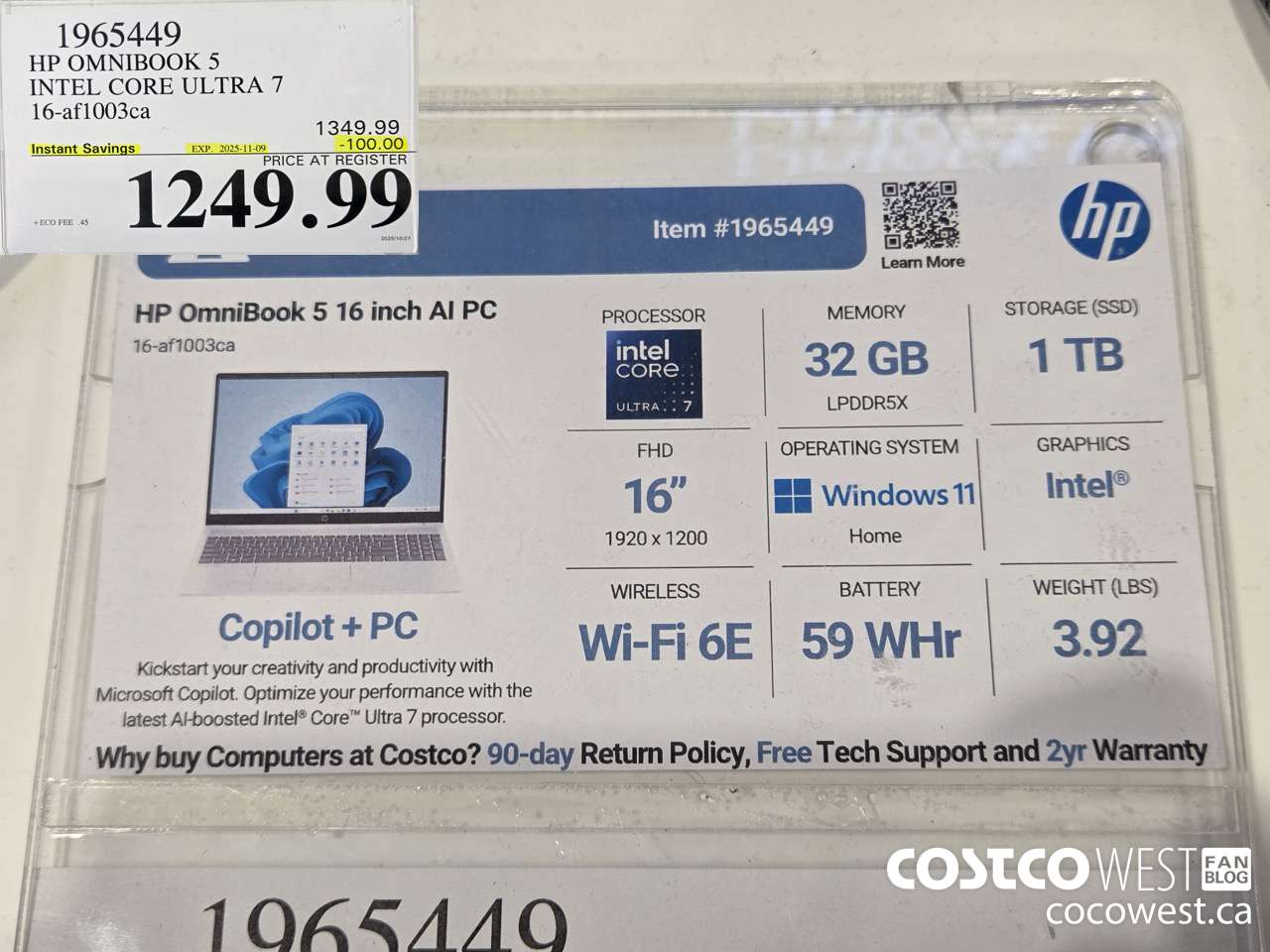 1965449 HP OMNIBOOK 5 INTEL CORE ULTRA 7 16-AF1003CA ($100.00 INSTANT SAVINGS EXPIRES ON 2025-11-09) $1249.99