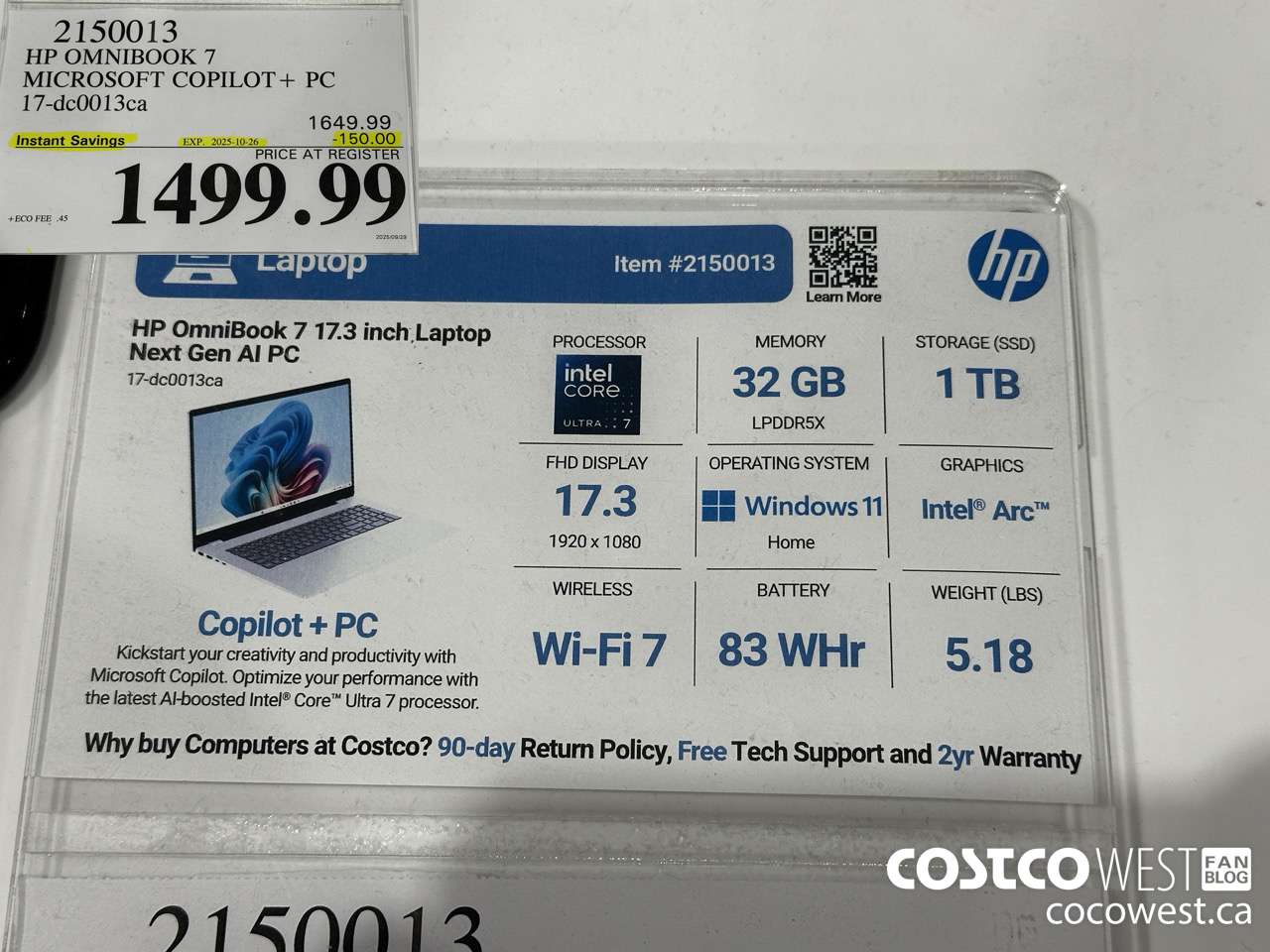 2150013 HP OMNIBOOK 7 MICROSOFT COPILOT+ PC 17-DC0013CA ($150.00 INSTANT SAVINGS EXPIRES ON 2025-10-26) $1499.99