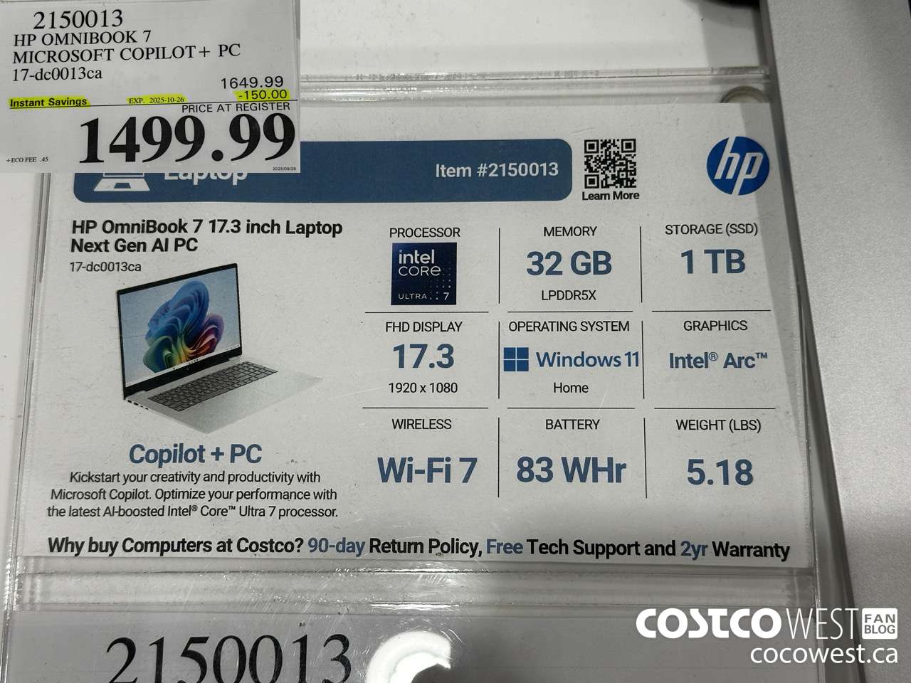 2150013 HP OMNIBOOK 7 MICROSOFT COPILOT+ PC 17-DC0013CA ($150.00 INSTANT SAVINGS EXPIRES ON 2025-10-26) $1499.99