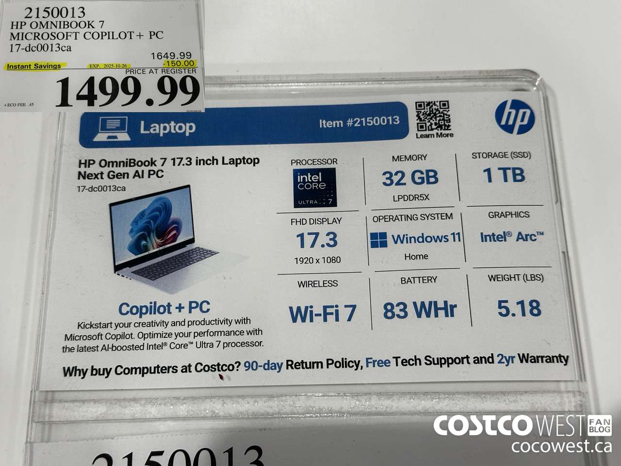 2150013 HP OMNIBOOK 7 MICROSOFT COPILOT+ PC 17-DC0013CA ($150.00 INSTANT SAVINGS EXPIRES ON 2025-10-26) $1499.99