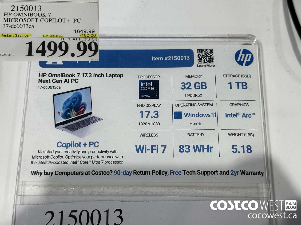 2150013 HP OMNIBOOK 7 MICROSOFT COPILOT+ PC 17-DC0013CA ($150.00 INSTANT SAVINGS EXPIRES ON 2025-10-26) $1499.99