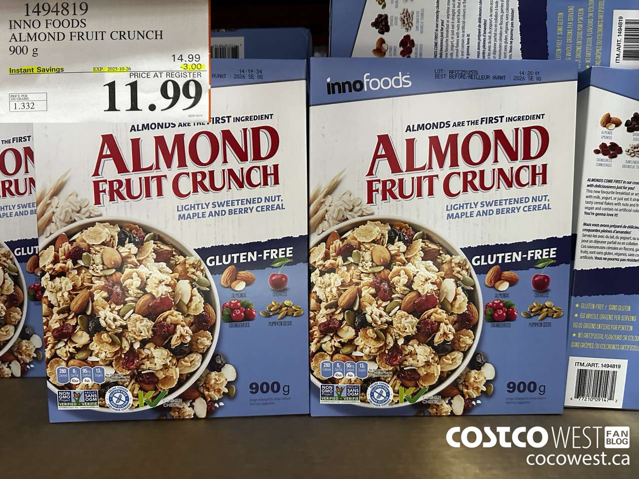 1494819 INNO FOODS ALMOND FRUIT CRUNCH 900 g ($3.00 INSTANT SAVINGS EXPIRES ON 2025-10-26) $11.99