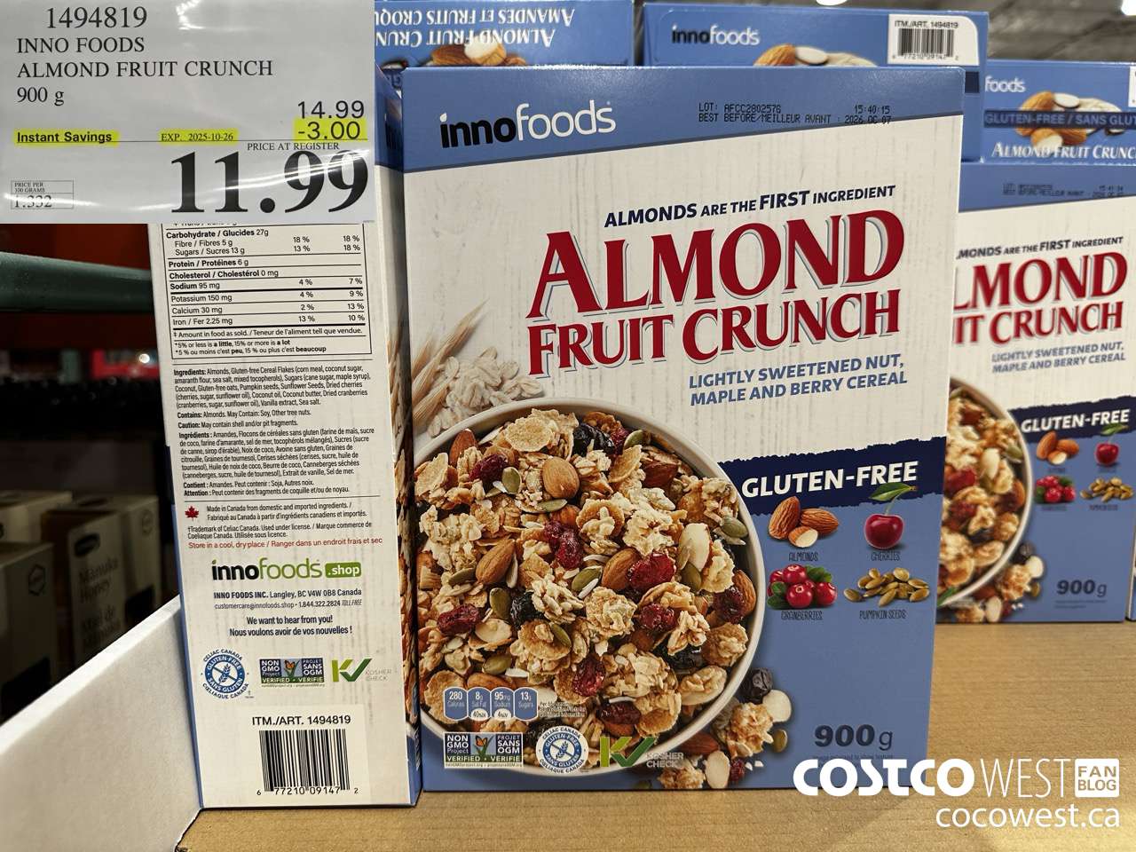 1494819 INNO FOODS ALMOND FRUIT CRUNCH 900 g ($3.00 INSTANT SAVINGS EXPIRES ON 2025-10-26) $11.99