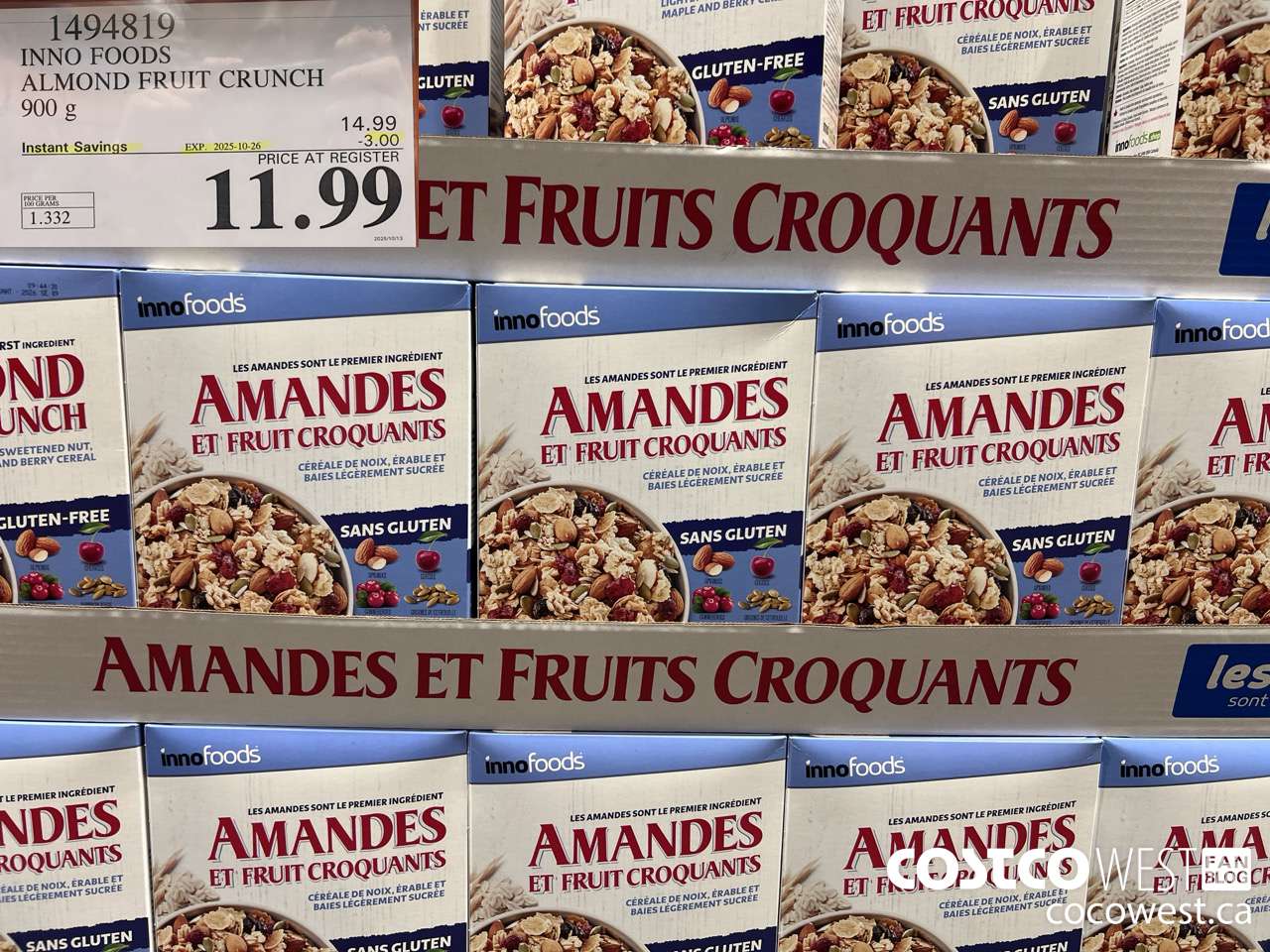 1494819 INNO FOODS ALMOND FRUIT CRUNCH 900 g ($3.00 INSTANT SAVINGS EXPIRES ON 2025-10-26) $11.99