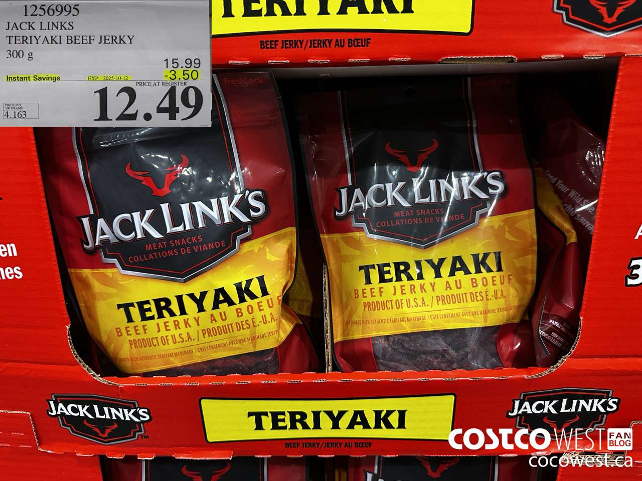 1256995 JACK LINKS TERIYAKI BEEF JERKY 300g ($3.50 INSTANT SAVINGS EXPIRES ON 2025-10-12) $12.49