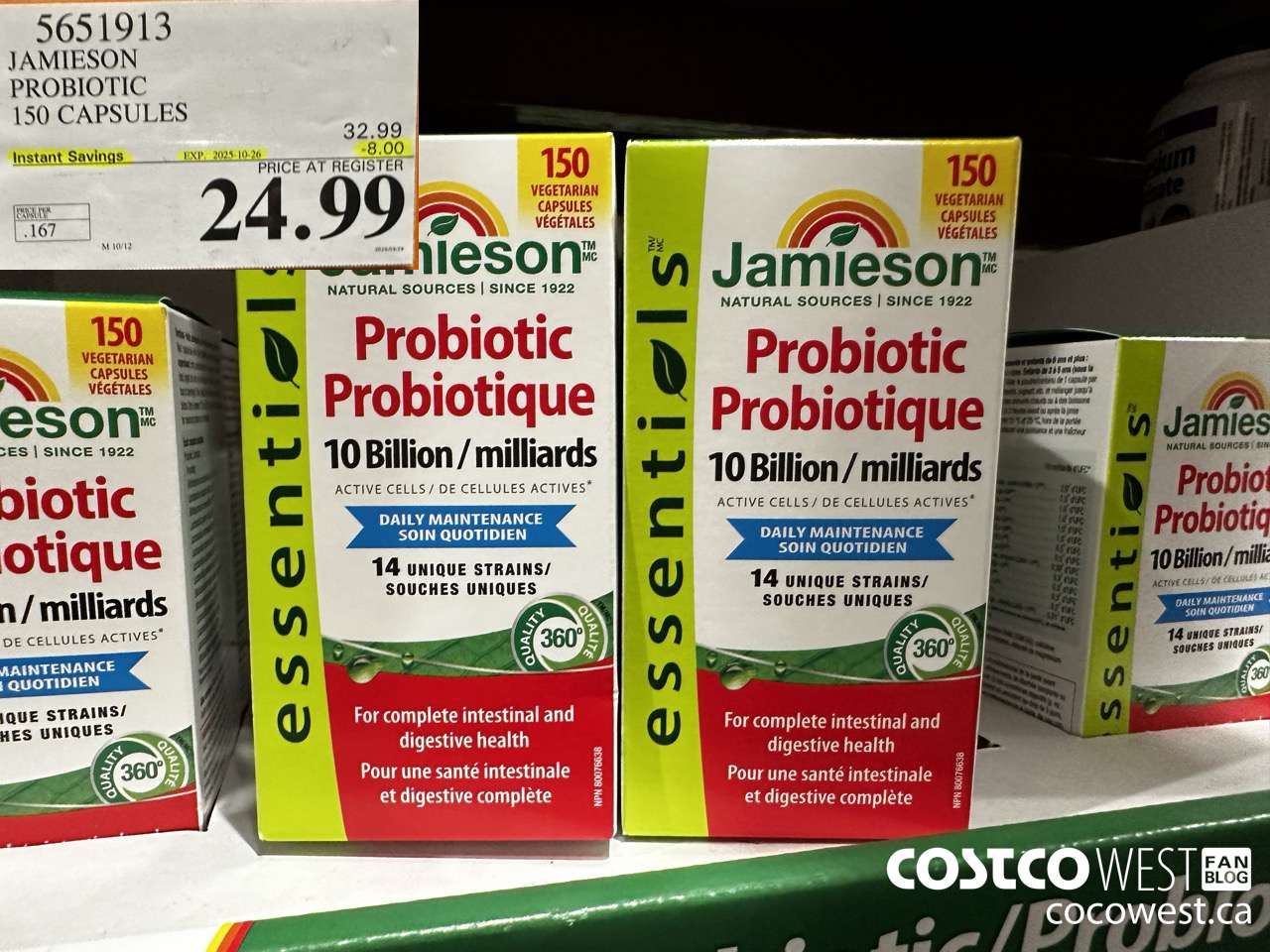 5651913 JAMIESON PROBIOTIC 10 BILLION 150 COUNT ($8.00 INSTANT SAVINGS EXPIRES ON 2025-10-26) $24.99