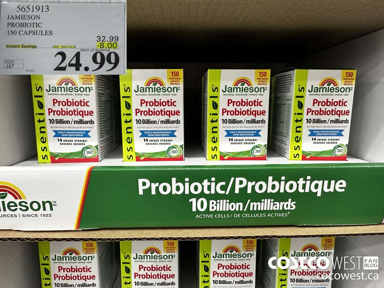 5651913 JAMIESON PROBIOTIC 10 BILLION 150 COUNT ($8.00 INSTANT SAVINGS EXPIRES ON 2025-10-26) $24.99