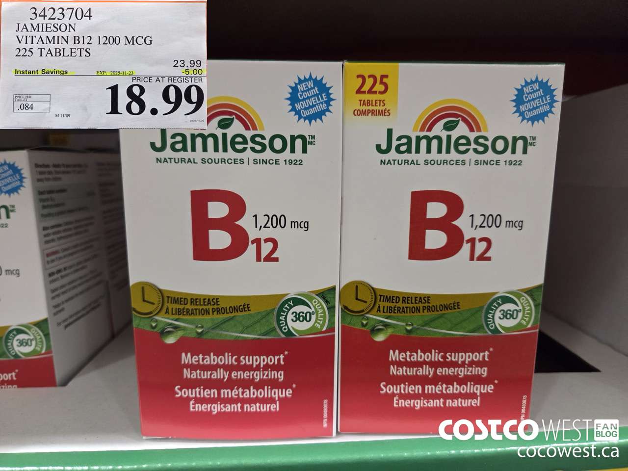 3423704 JAMIESON VITAMIN B12 1200 MCG 225 TABLETS ($5.00 INSTANT SAVINGS EXPIRES ON 2025-11-23) $18.99