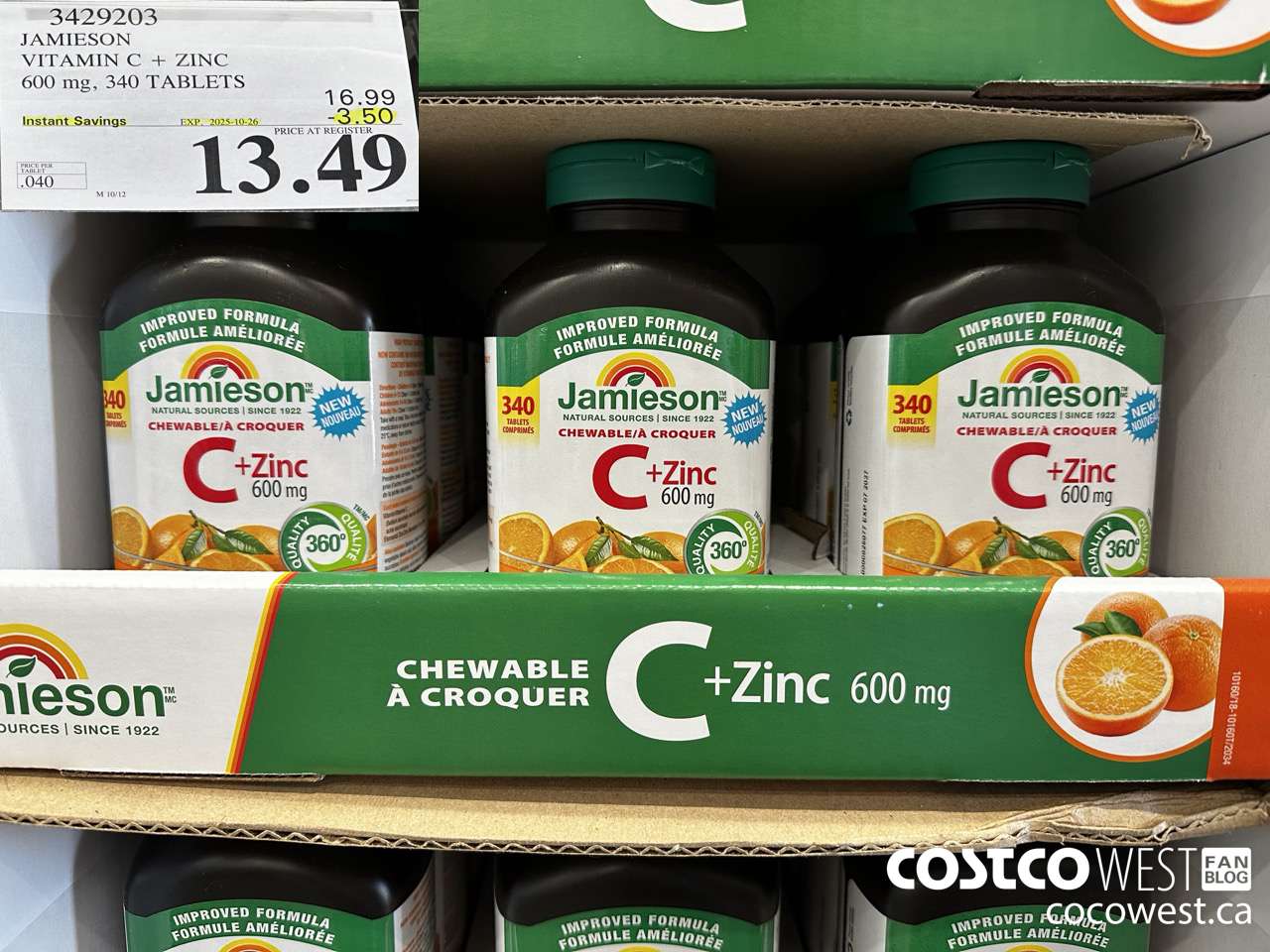 3429203 JAMIESON VITAMIN C + ZINC 600MG, 340 TABLETS ($3.50 INSTANT SAVINGS EXPIRES ON 2025-10-26) $13.49