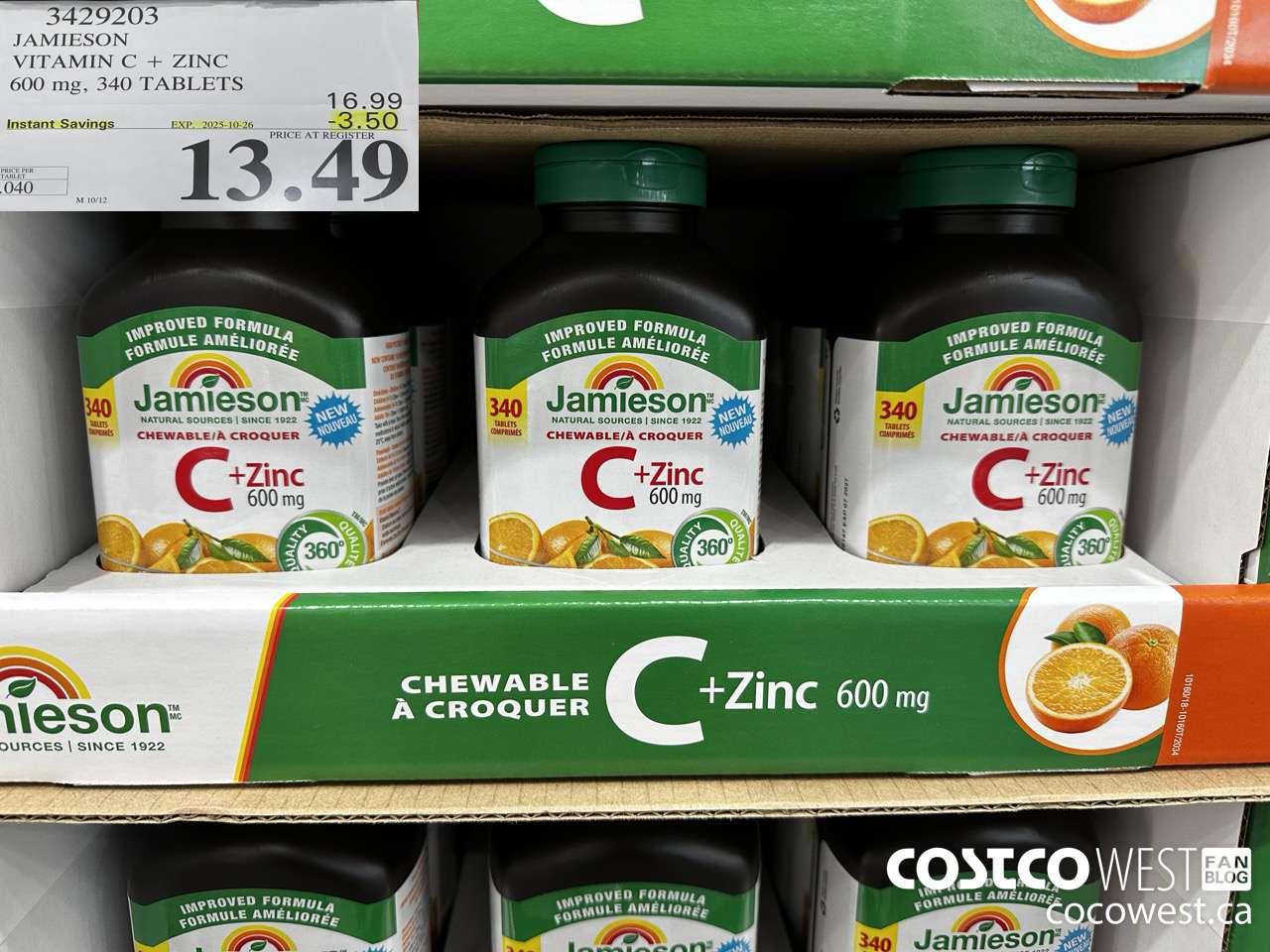 3429203 JAMIESON VITAMIN C + ZINC 600MG, 340 TABLETS ($3.50 INSTANT SAVINGS EXPIRES ON 2025-10-26) $13.49