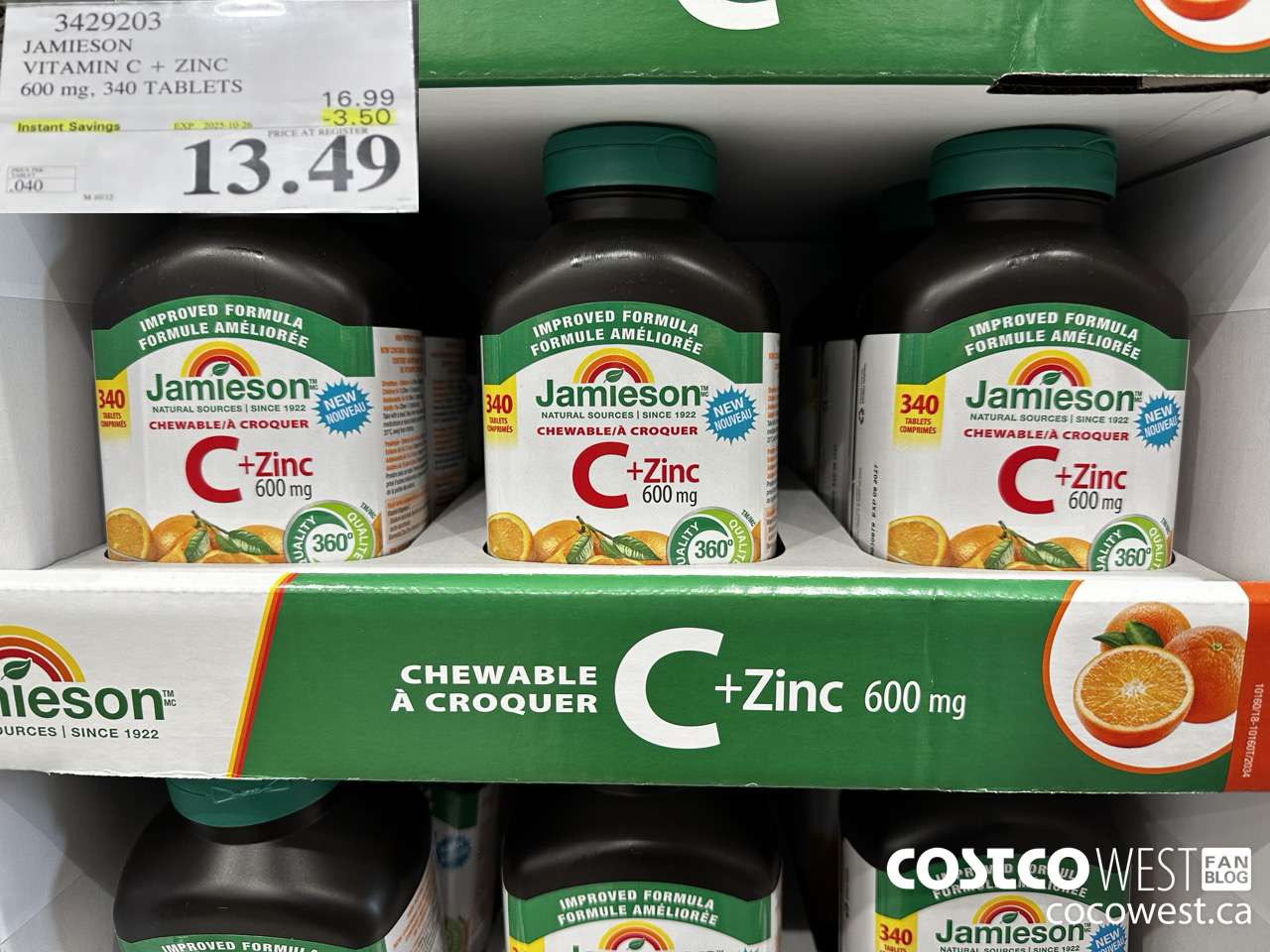 3429203 JAMIESON VITAMIN C + ZINC 600MG, 340 TABLETS ($3.50 INSTANT SAVINGS EXPIRES ON 2025-10-26) $13.49