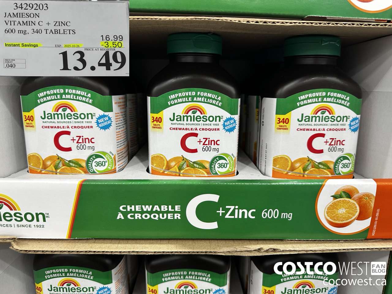 3429203 JAMIESON VITAMIN C + ZINC 600MG, 340 TABLETS ($3.50 INSTANT SAVINGS EXPIRES ON 2025-10-26) $13.49