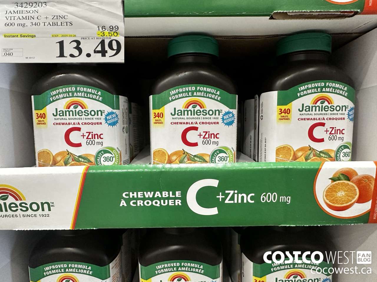 3429203 JAMIESON VITAMIN C + ZINC 600MG, 340 TABLETS ($3.50 INSTANT SAVINGS EXPIRES ON 2025-10-26) $13.49
