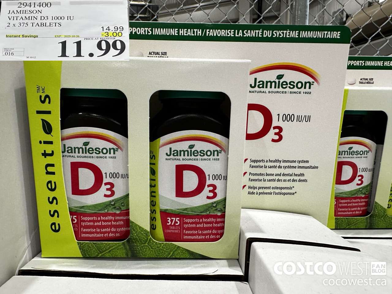 2941400 JAMIESON VITAMIN D3 1000IU 2X375 TABLETS ($3.00 INSTANT SAVINGS EXPIRES ON 2025-10-26) $11.99